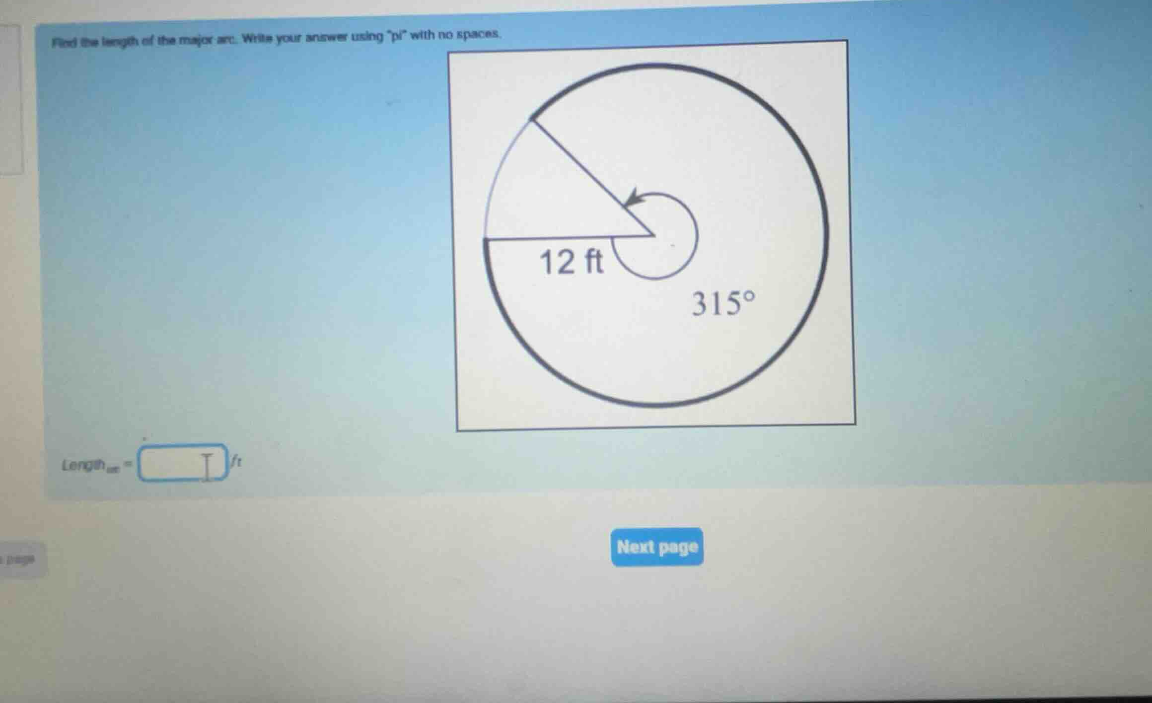 find the length of the major arc. write your answer using \pi\ with no …