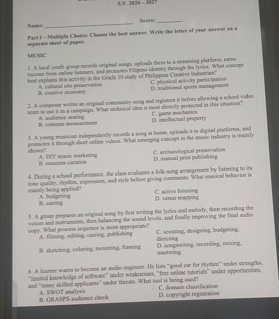 s.y. 2026-2027 name: score: part i - multiple choice: choose the best a…