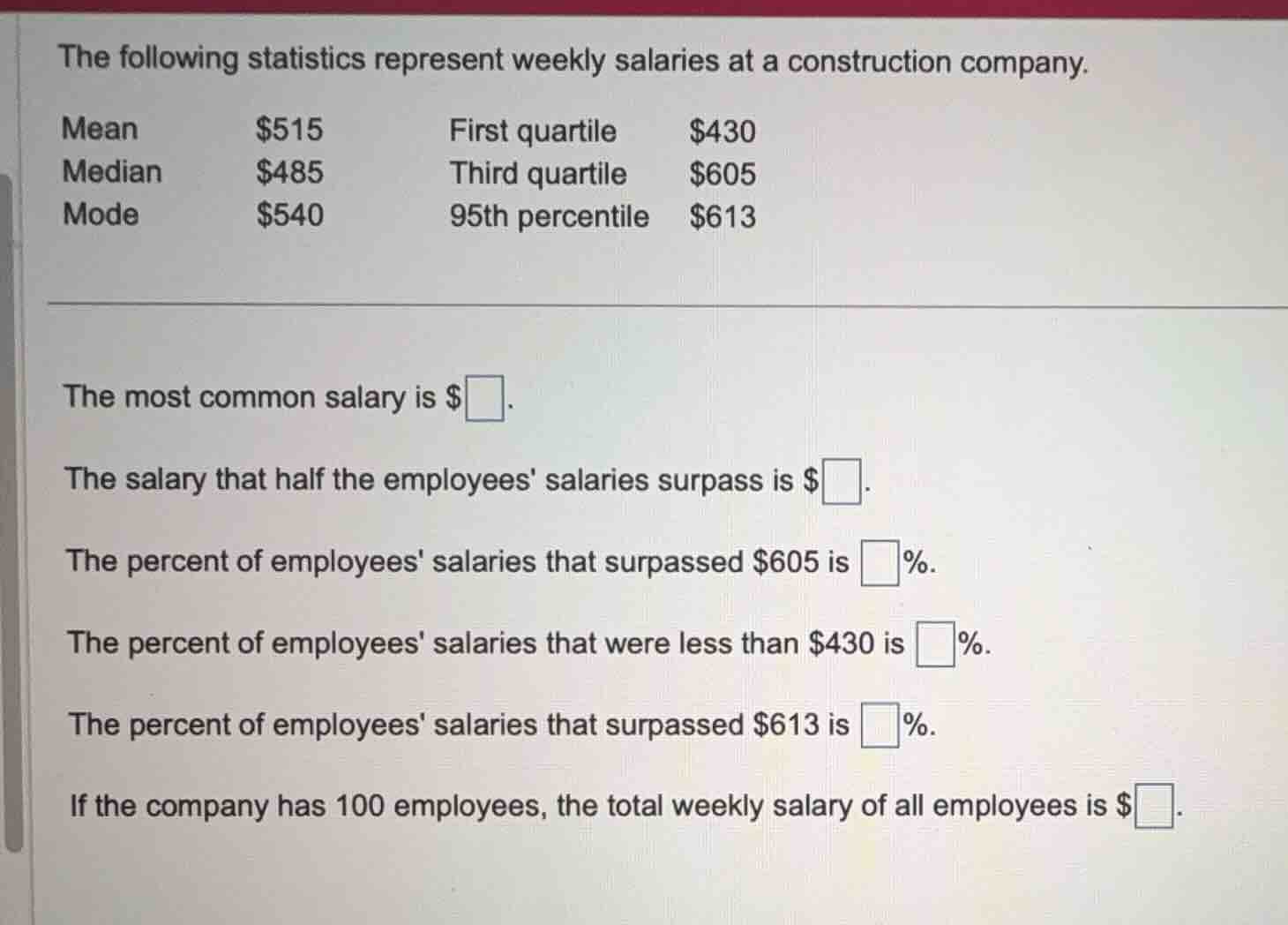 the following statistics represent weekly salaries at a construction co…