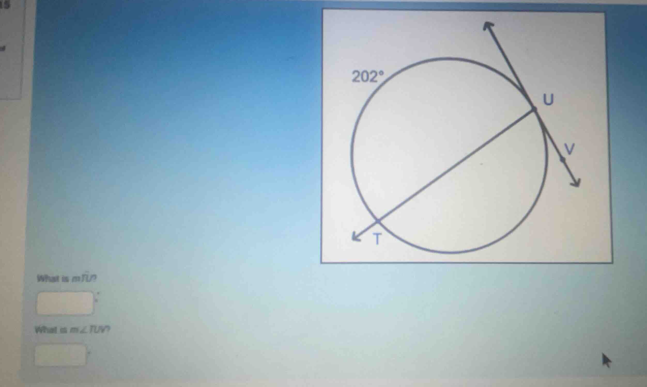 what is \\(m\\widehat{tu}\\)? what is \\(m\\angle tuv\\)?