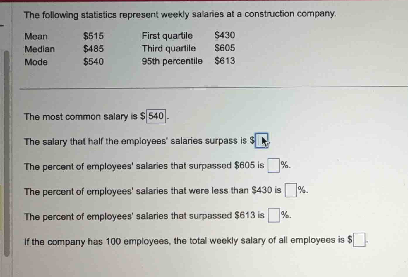 the following statistics represent weekly salaries at a construction co…