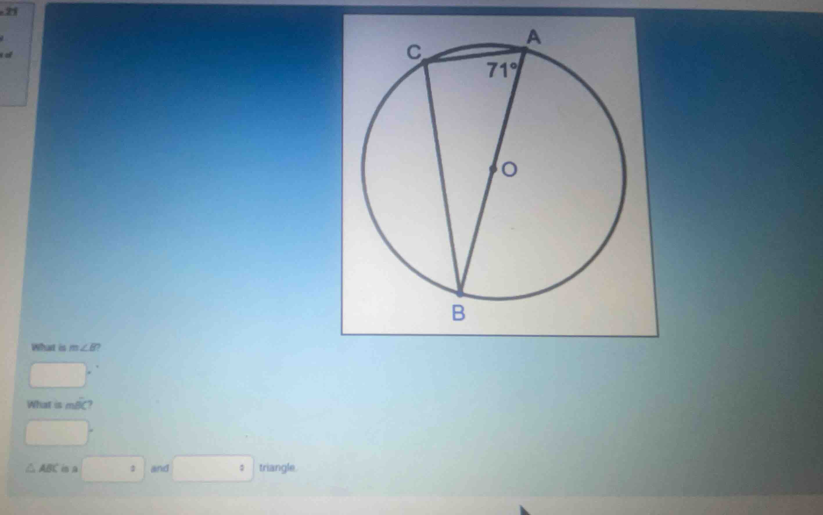 what is \\(m\\angle b\\)? what is \\(m\\widehat{bc}\\)? \\(\\triangle a…