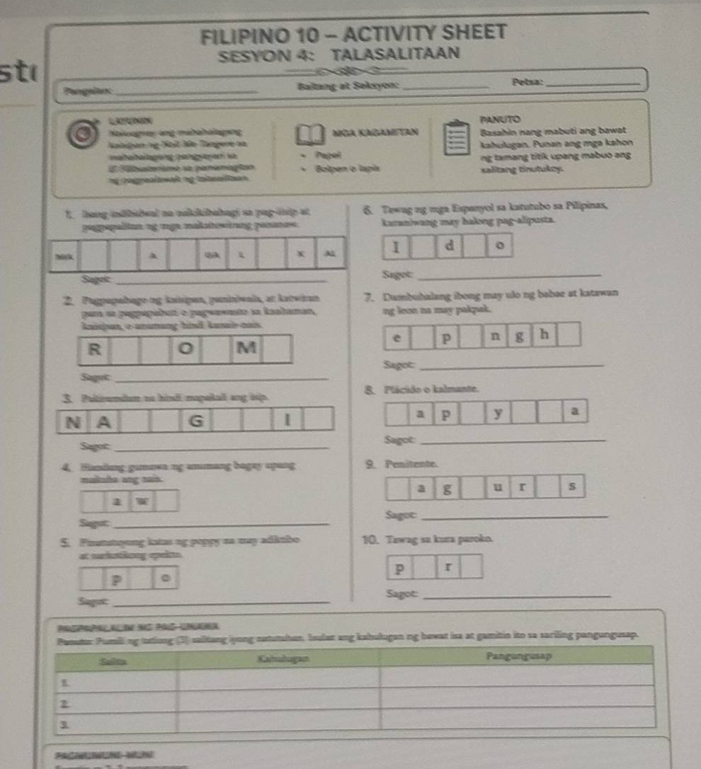 filipino 10 - activity sheet sesyon 4: talasalitaan pangalan: _________…