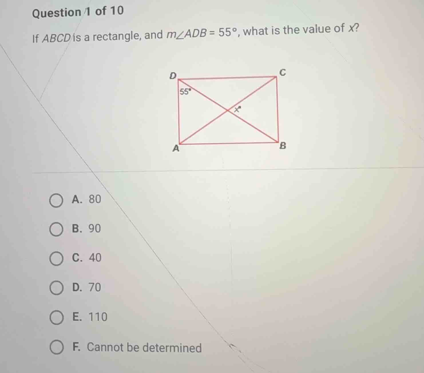 if abcd is a rectangle, and (m\\angle adb = 55^\\circ), what is the val…