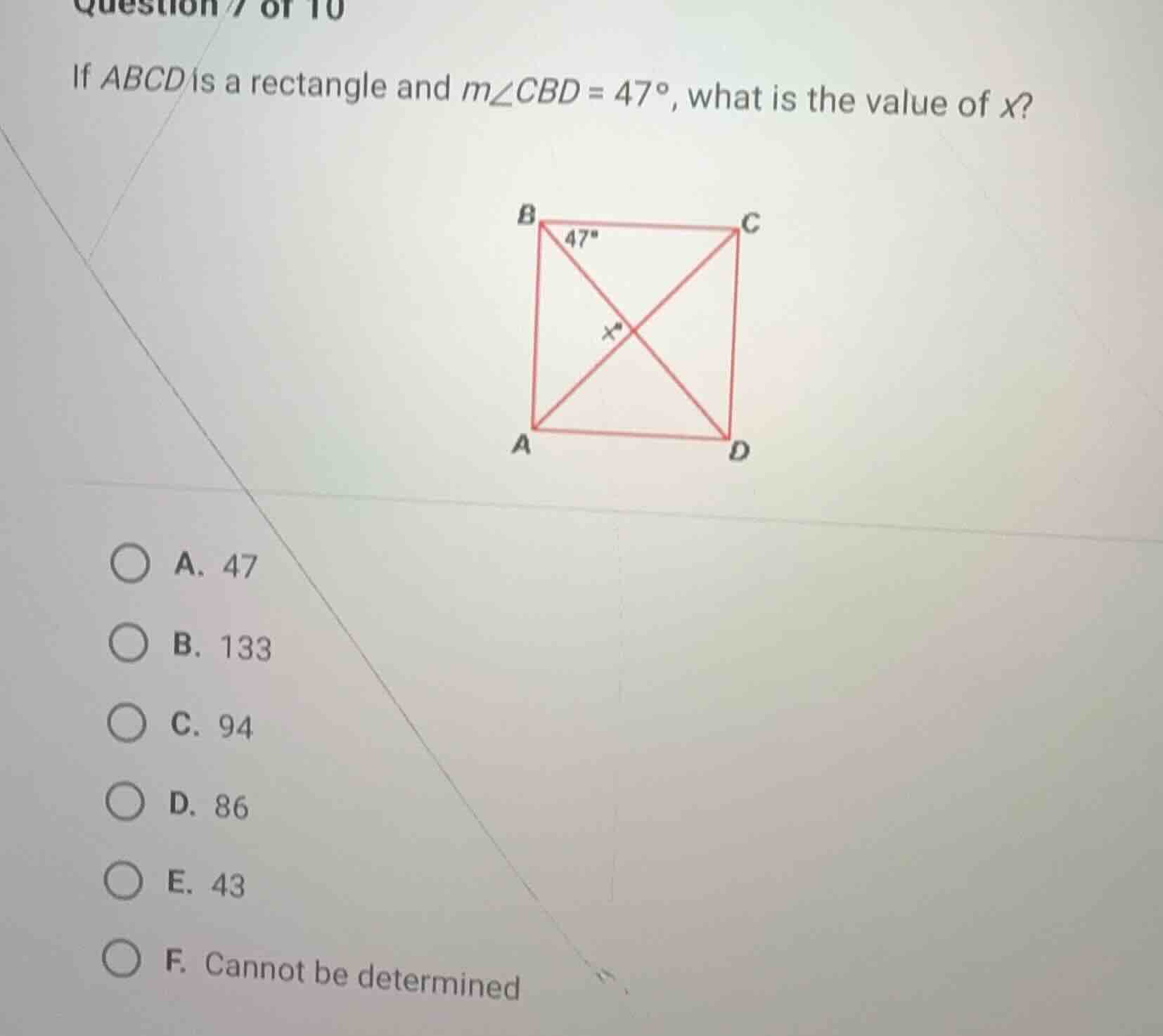 if (abcd) is a rectangle and (m\\angle cbd = 47^\\circ), what is the va…