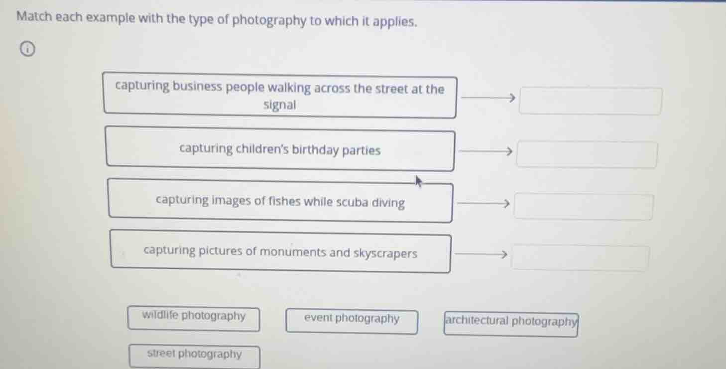 match each example with the type of photography to which it applies. ca…