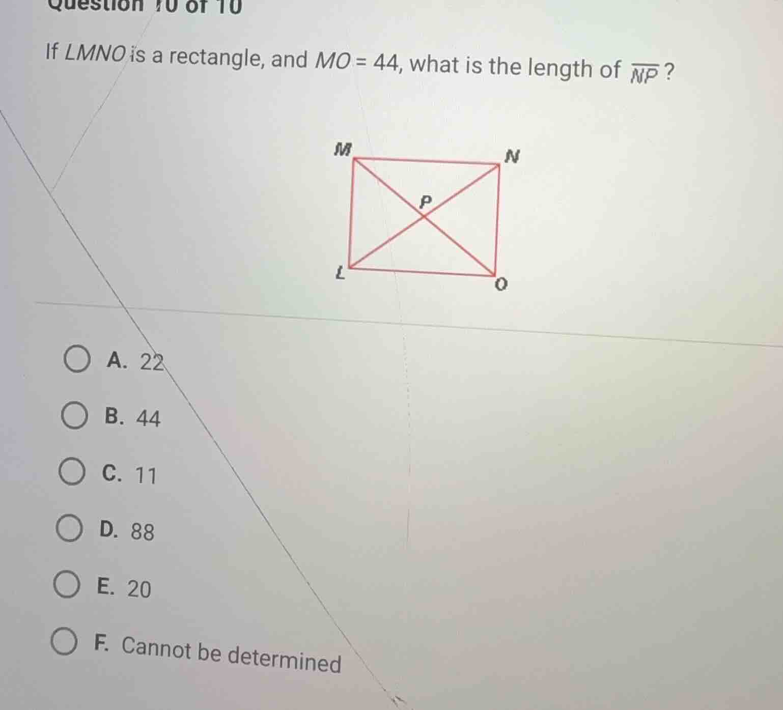 if lmno is a rectangle, and mo = 44, what is the length of \\overline{n…
