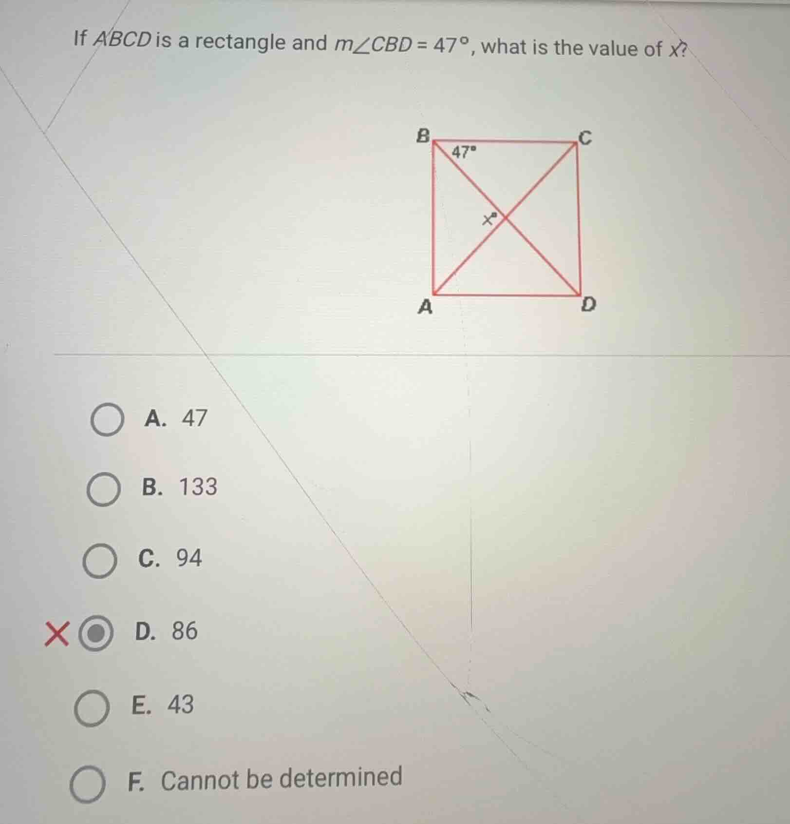 if \\(abcd\\) is a rectangle and \\(m\\angle cbd = 47^{\\circ}\\), what…