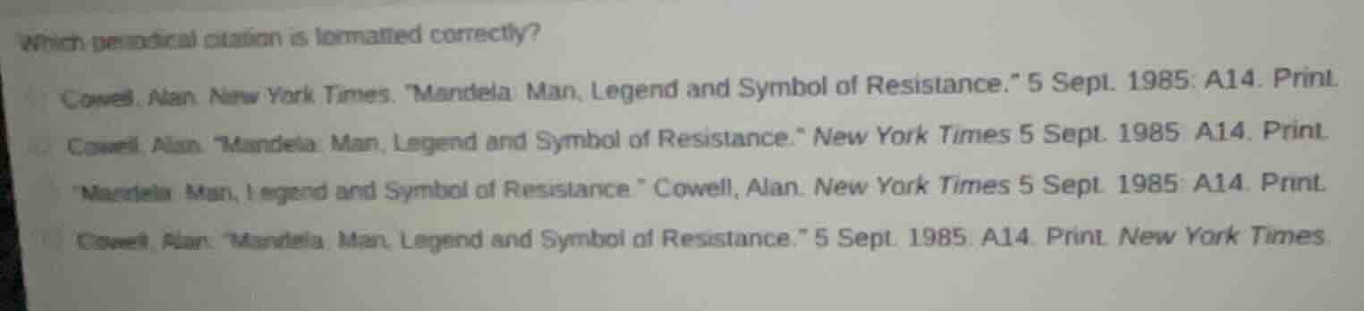 which periodical citation is formatted correctly? cowell, alan. new yor…