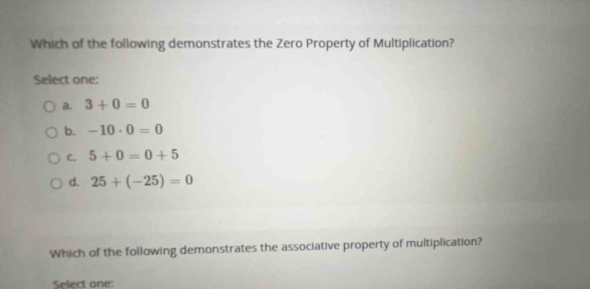 which of the following demonstrates the zero property of multiplication…
