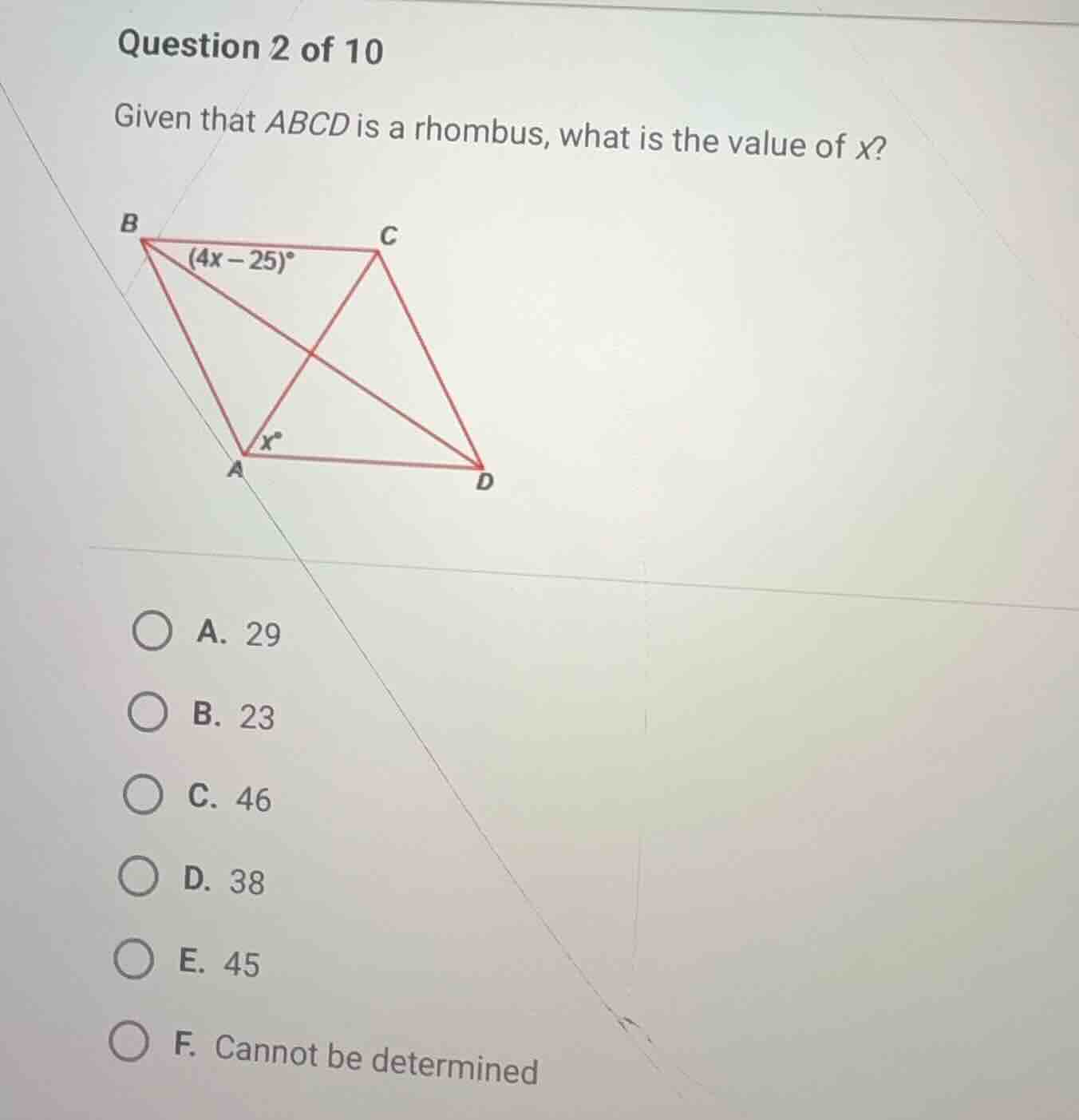 question 2 of 10 given that \\(abcd\\) is a rhombus, what is the value …