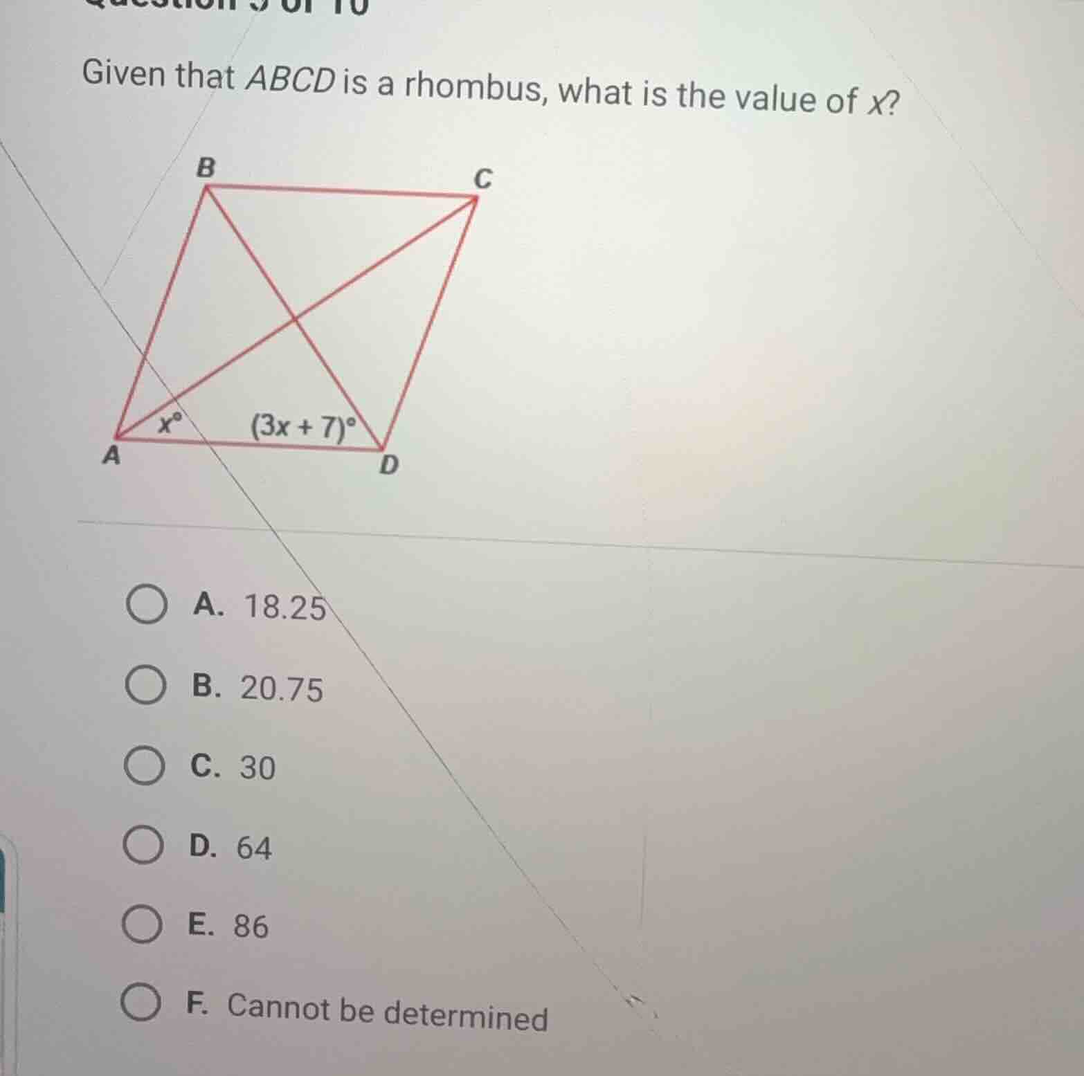 given that \\(abcd\\) is a rhombus, what is the value of \\(x\\)? a. 18…