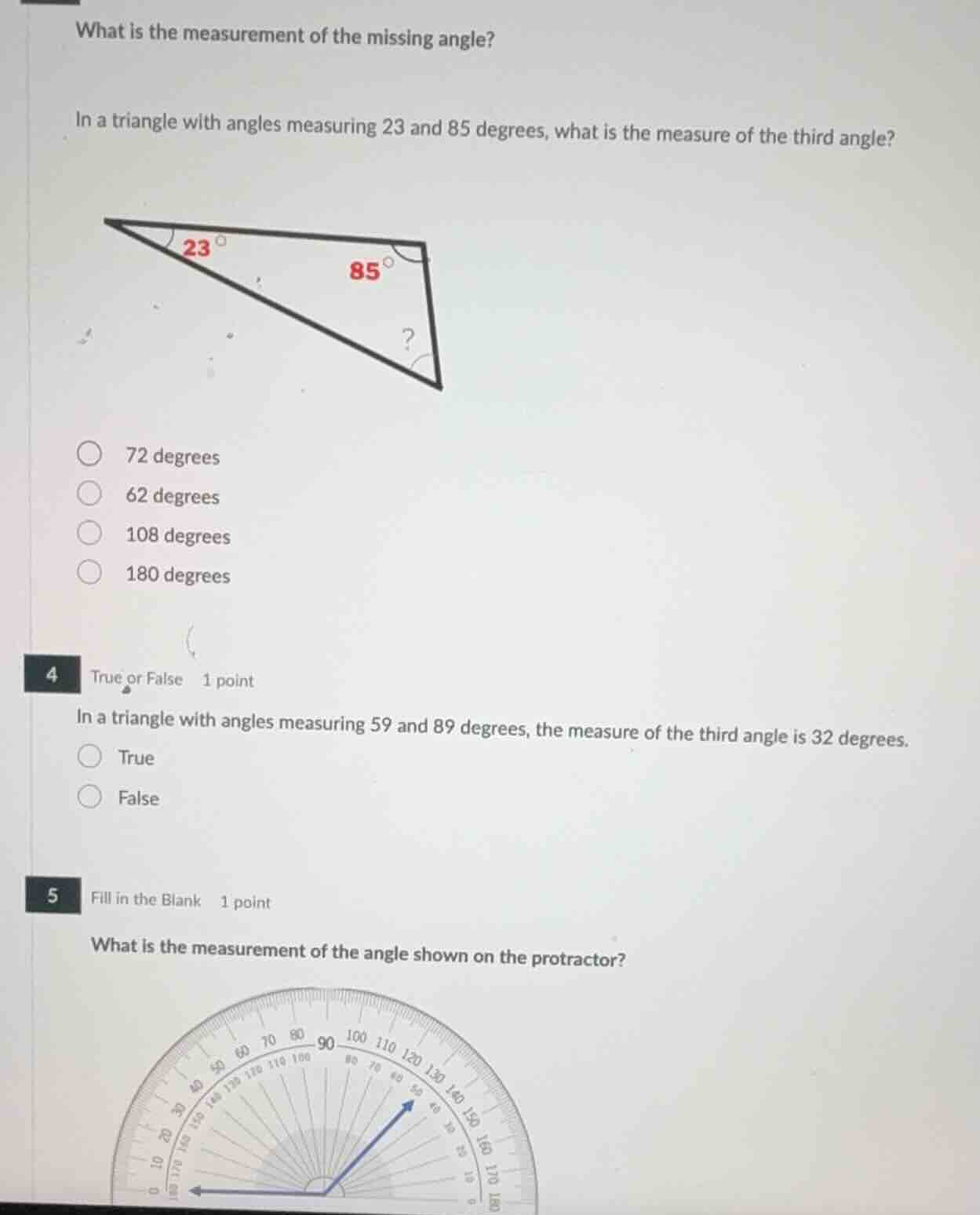 what is the measurement of the missing angle? in a triangle with angles…