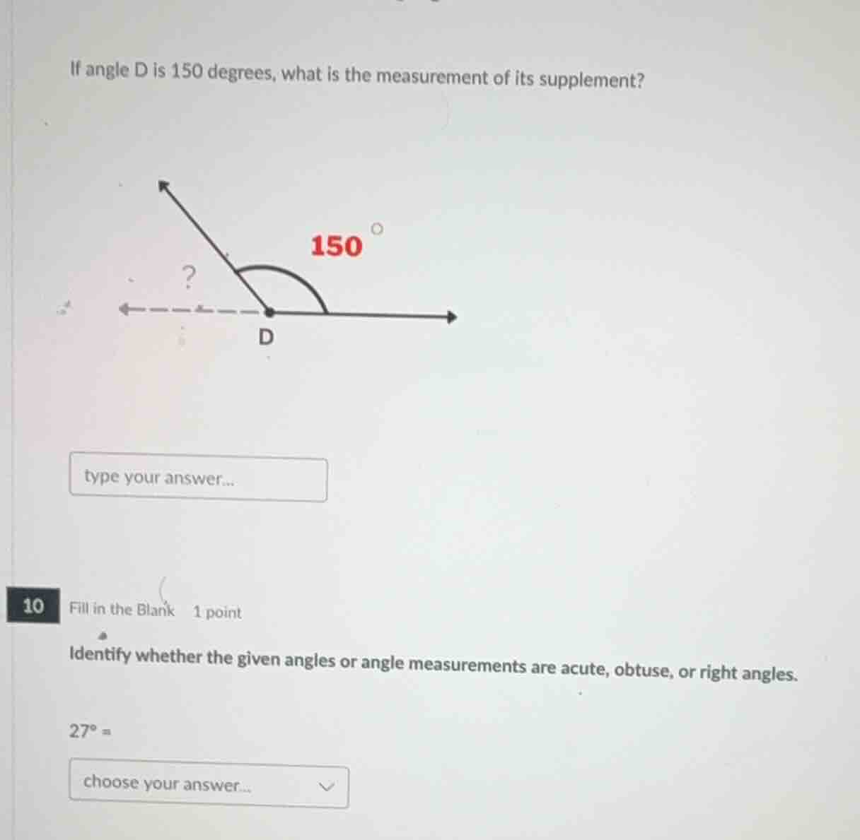 if angle d is 150 degrees, what is the measurement of its supplement? 1…