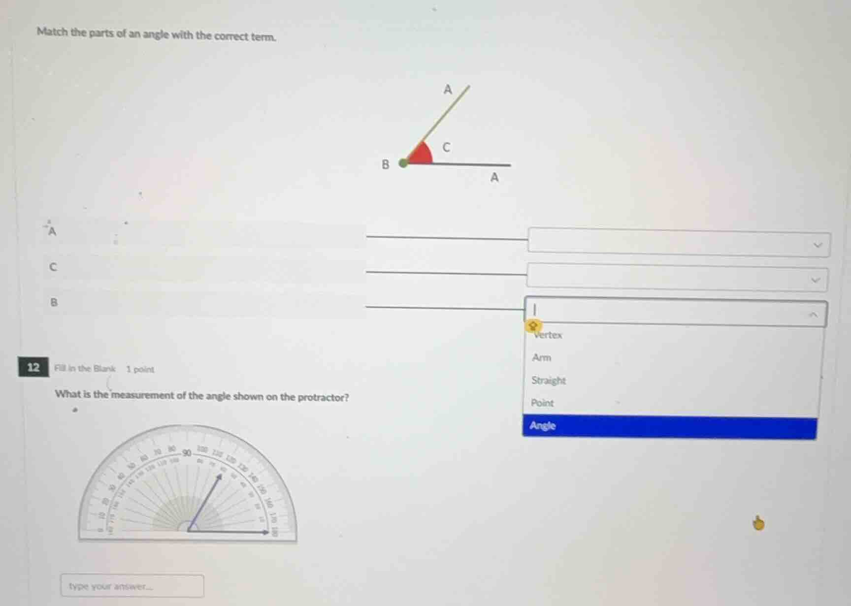 match the parts of an angle with the correct term. a c b vertex arm str…
