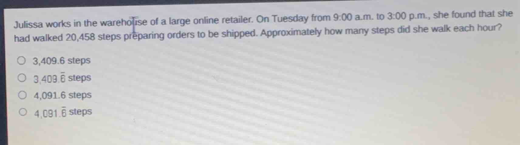 julissa works in the warehouse of a large online retailer. on tuesday f…