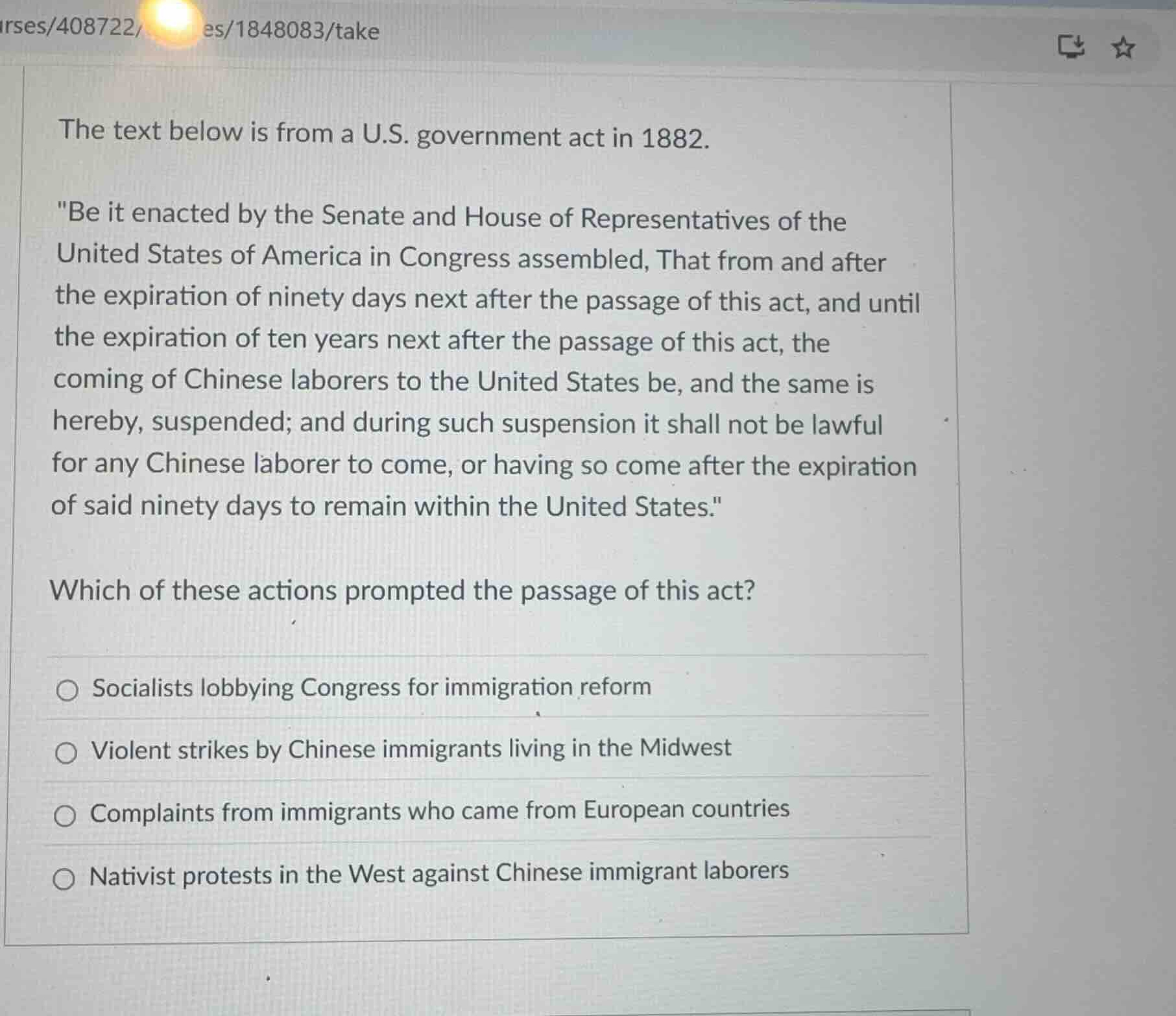 the text below is from a u.s. government act in 1882. \be it enacted by…