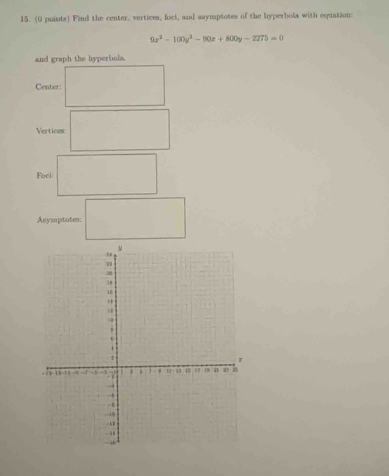 15. (0 points) find the center, vertices, foci, and asymptotes of the h…