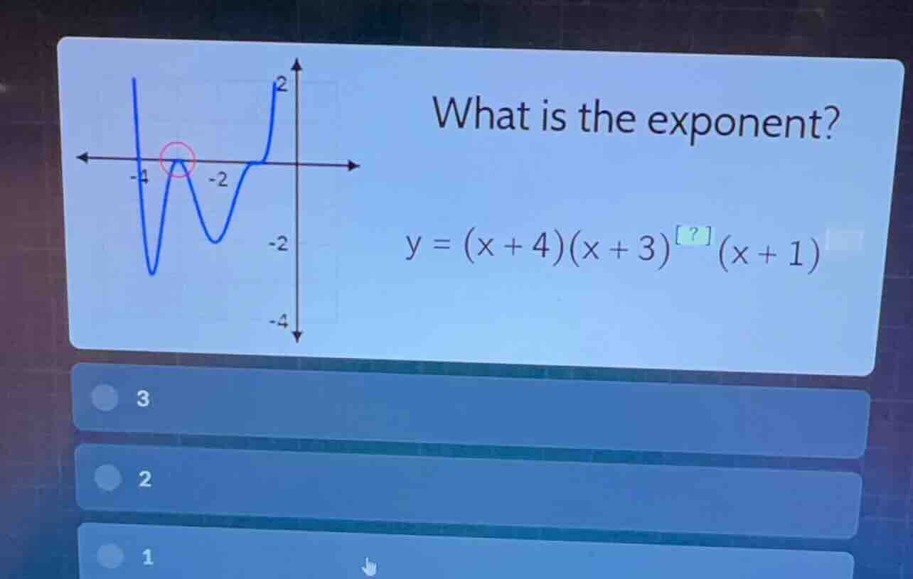 what is the exponent? (y = (x + 4)(x + 3)^{?}(x + 1)) 3 2 1