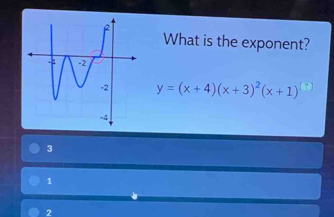 what is the exponent? (y = (x + 4)(x + 3)^2(x + 1)^{?}) 3 1 2