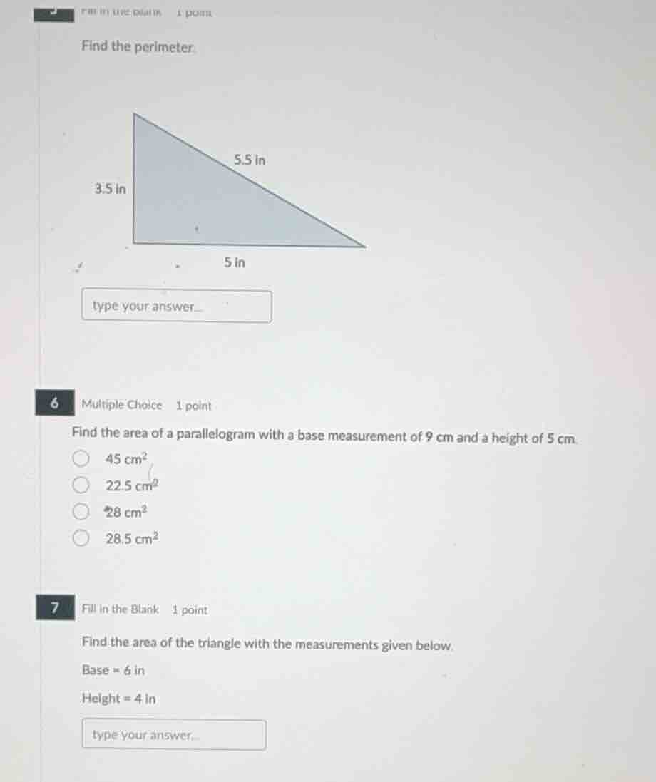 find the perimeter. 3.5 in 5.5 in 5 in type your answer... 6 multiple c…
