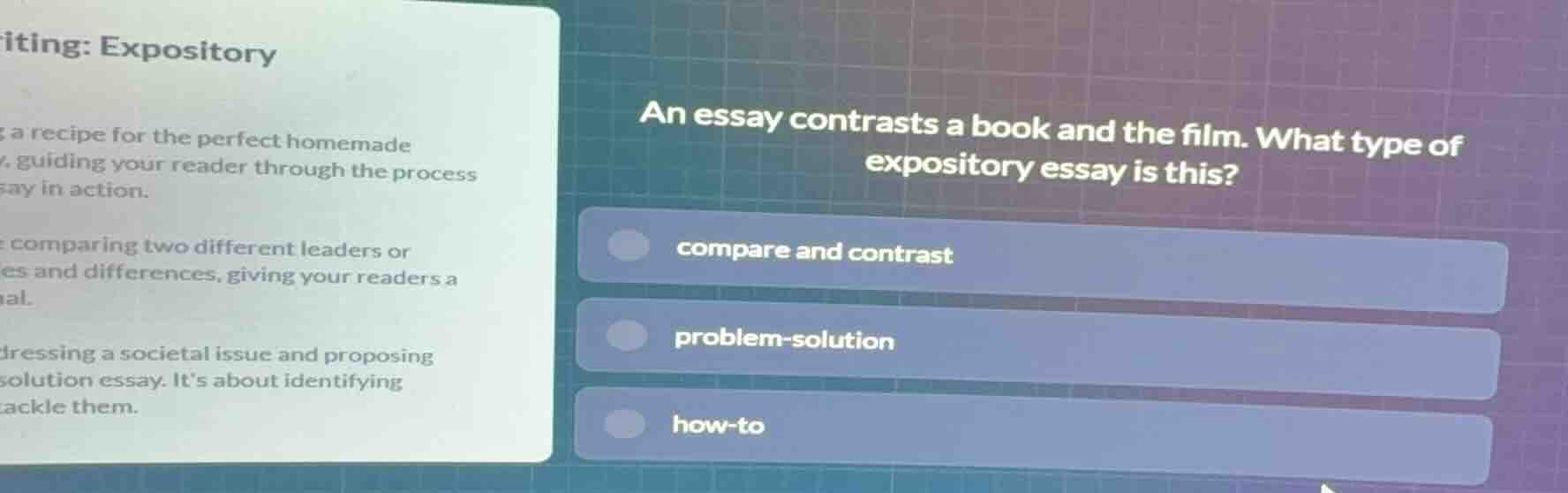 an essay contrasts a book and the film. what type of expository essay i…