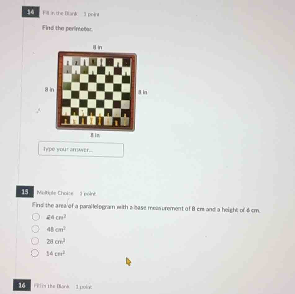 14 fill in the blank 1 point find the perimeter. 8 in 8 in 8 in 8 in ty…