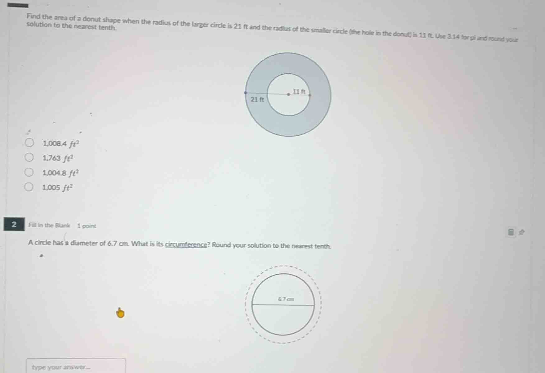 find the area of a donut shape when the radius of the larger circle is …