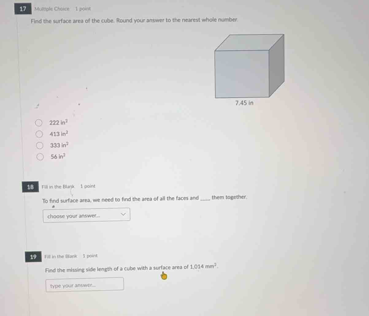 17 multiple choice 1 point find the surface area of the cube. round you…