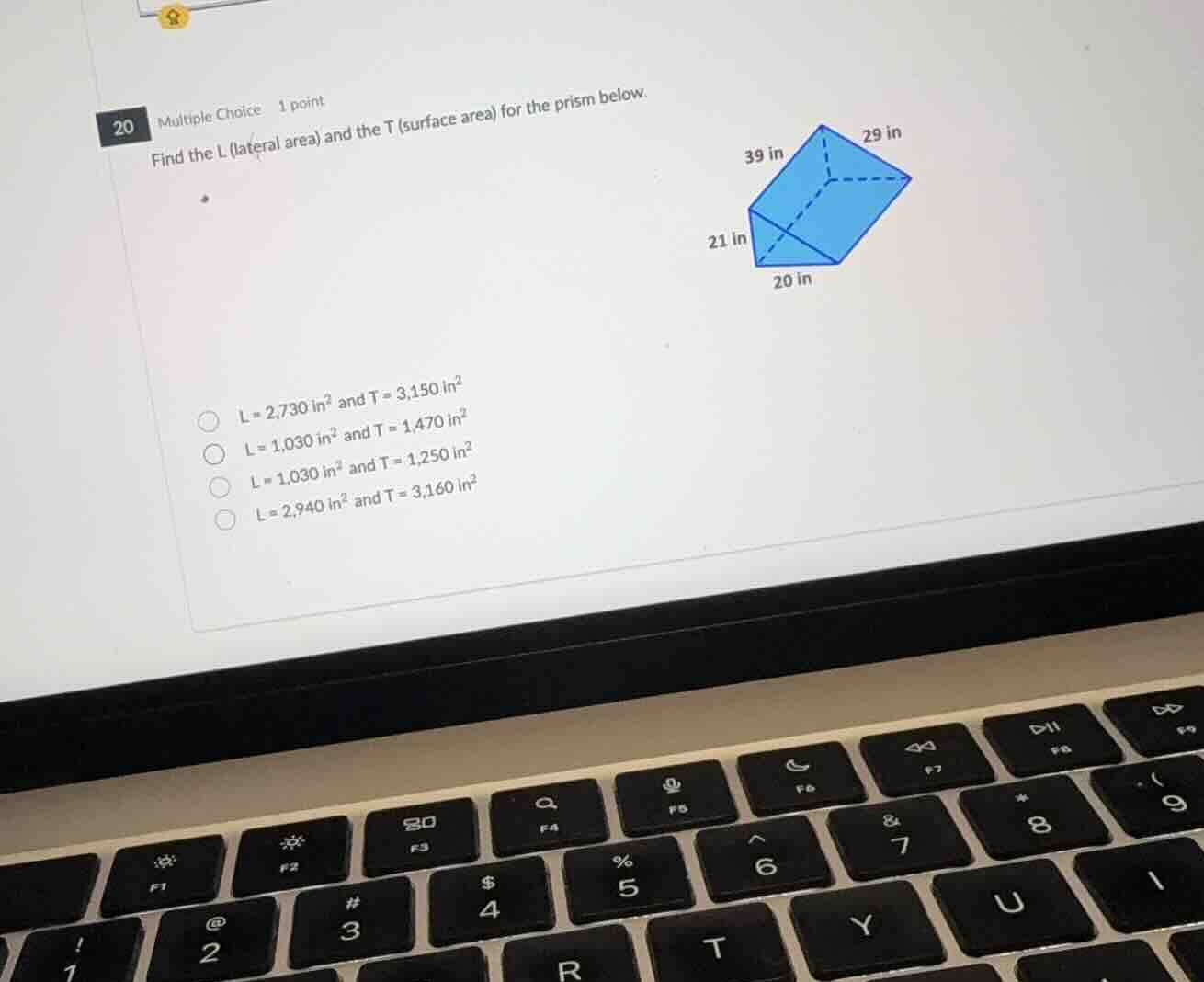 find the l (lateral area) and the t (surface area) for the prism below.…