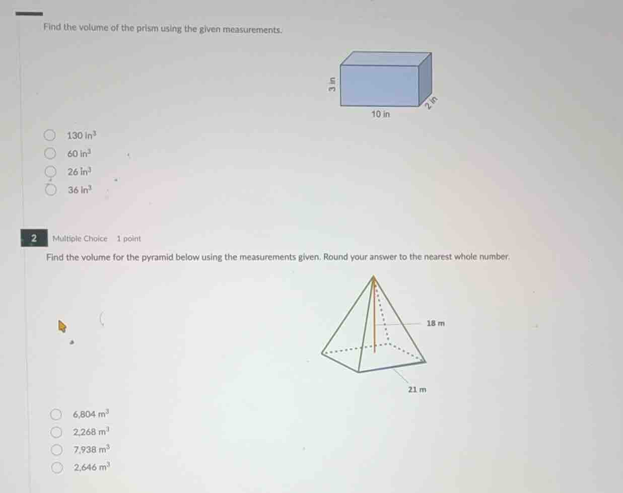 find the volume of the prism using the given measurements. image of a r…