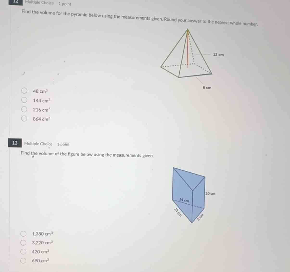 12 multiple choice 1 point find the volume for the pyramid below using …