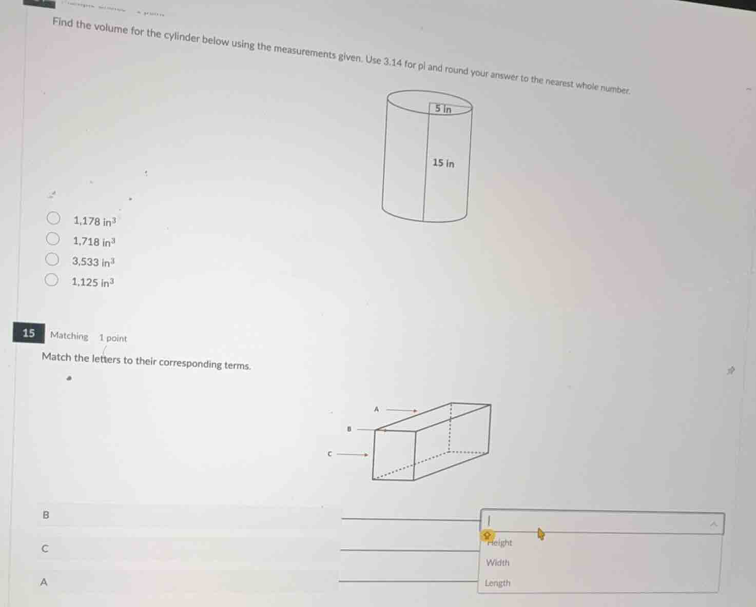 find the volume for the cylinder below using the measurements given. us…