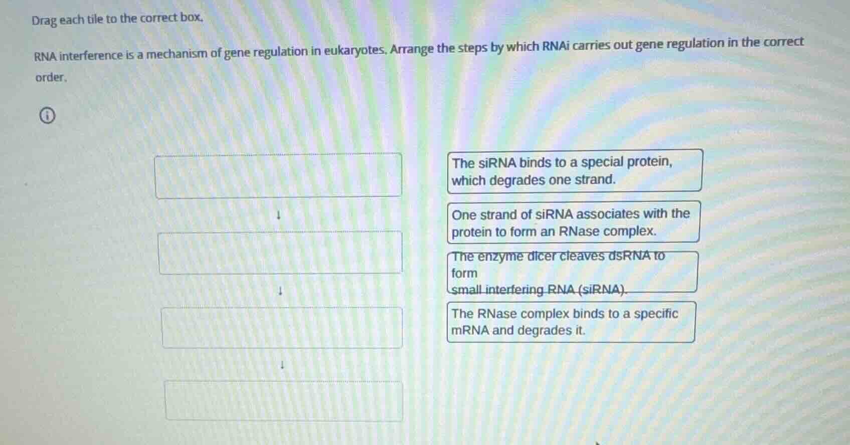 drag each tile to the correct box. rna interference is a mechanism of g…