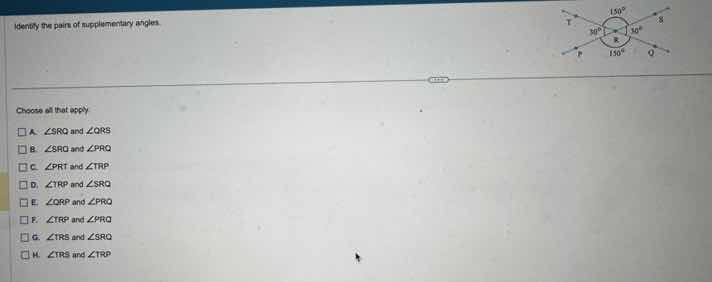 identify the pairs of supplementary angles. choose all that apply: a. \…