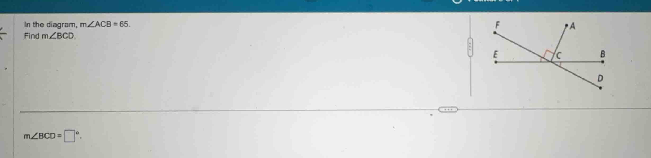 in the diagram, \\(m\\angle acb = 65\\). find \\(m\\angle bcd\\). \\(m\…