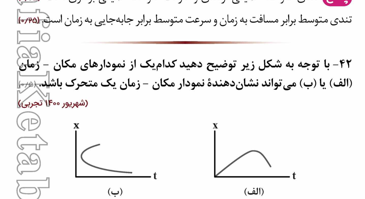 ۴۲- با توجه به شکل زیر توضیح دهید کدام یک از نمودارهای مکان - زمان (الف…