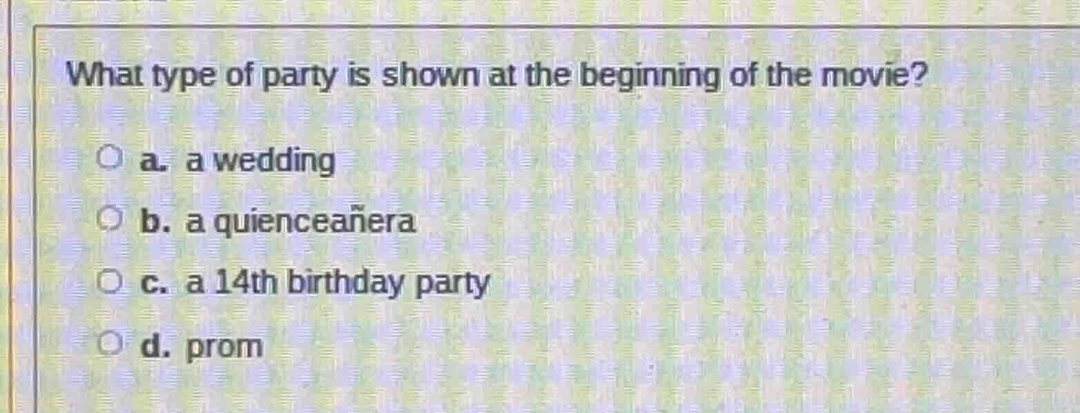 what type of party is shown at the beginning of the movie? a. a wedding…