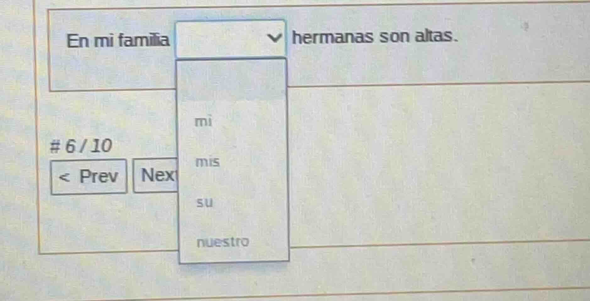 en mi familia dropdown hermanas son altas. dropdown options: mi mis su …