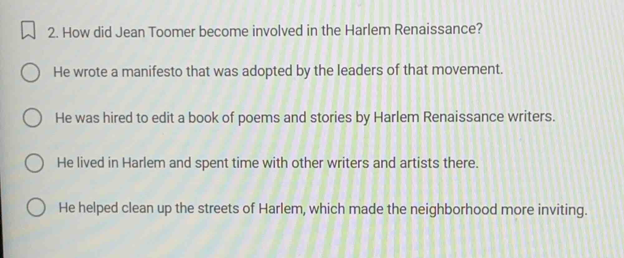 2. how did jean toomer become involved in the harlem renaissance? he wr…
