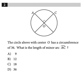 the circle above with center \\(o\\) has a circumference of 36. what is…