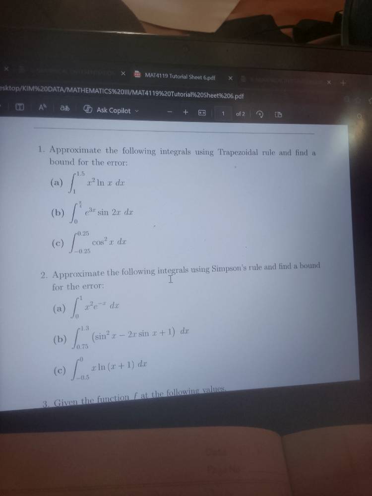 1. approximate the following integrals using trapezoidal rule and find …