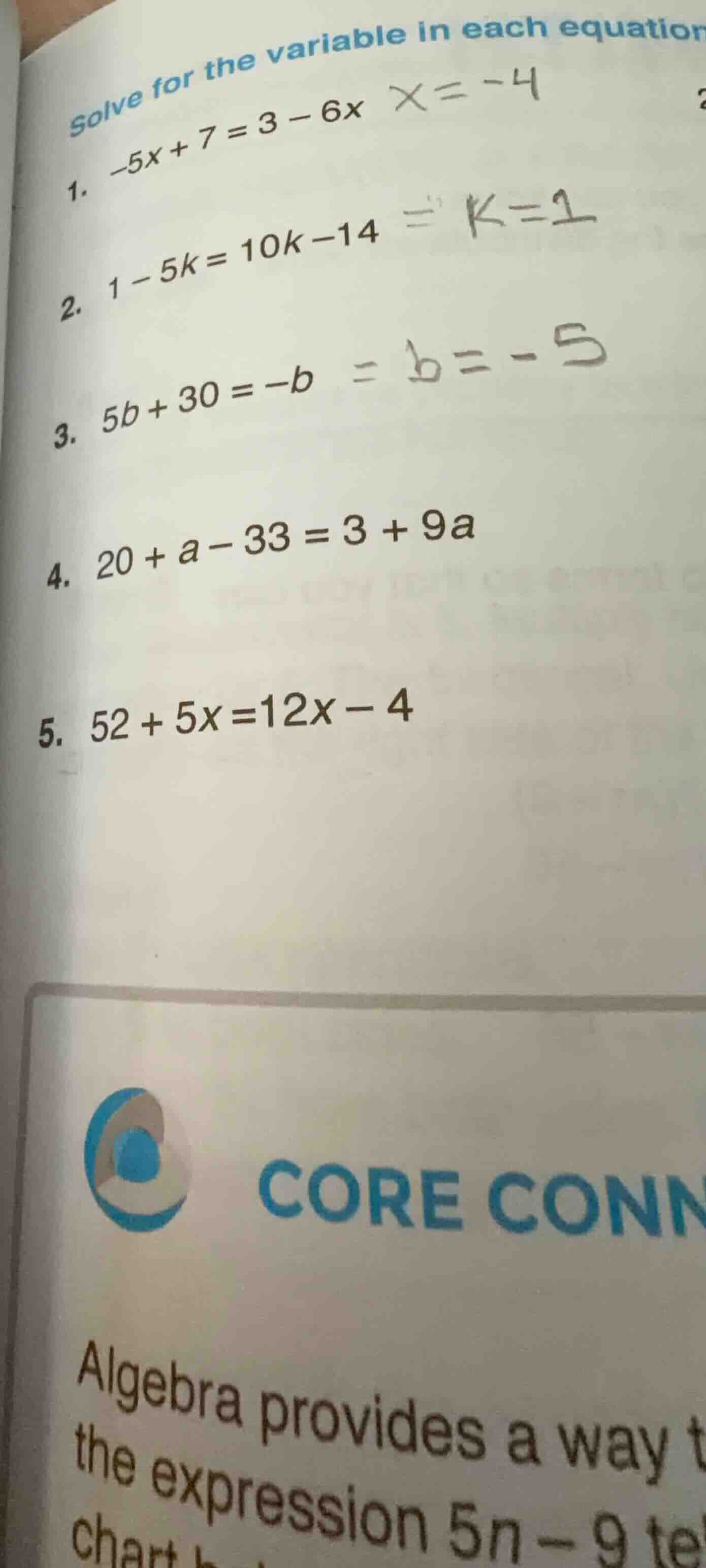 solve for the variable in each equation 1. \\(-5x + 7 = 3 - 6x\\) 2. \\…