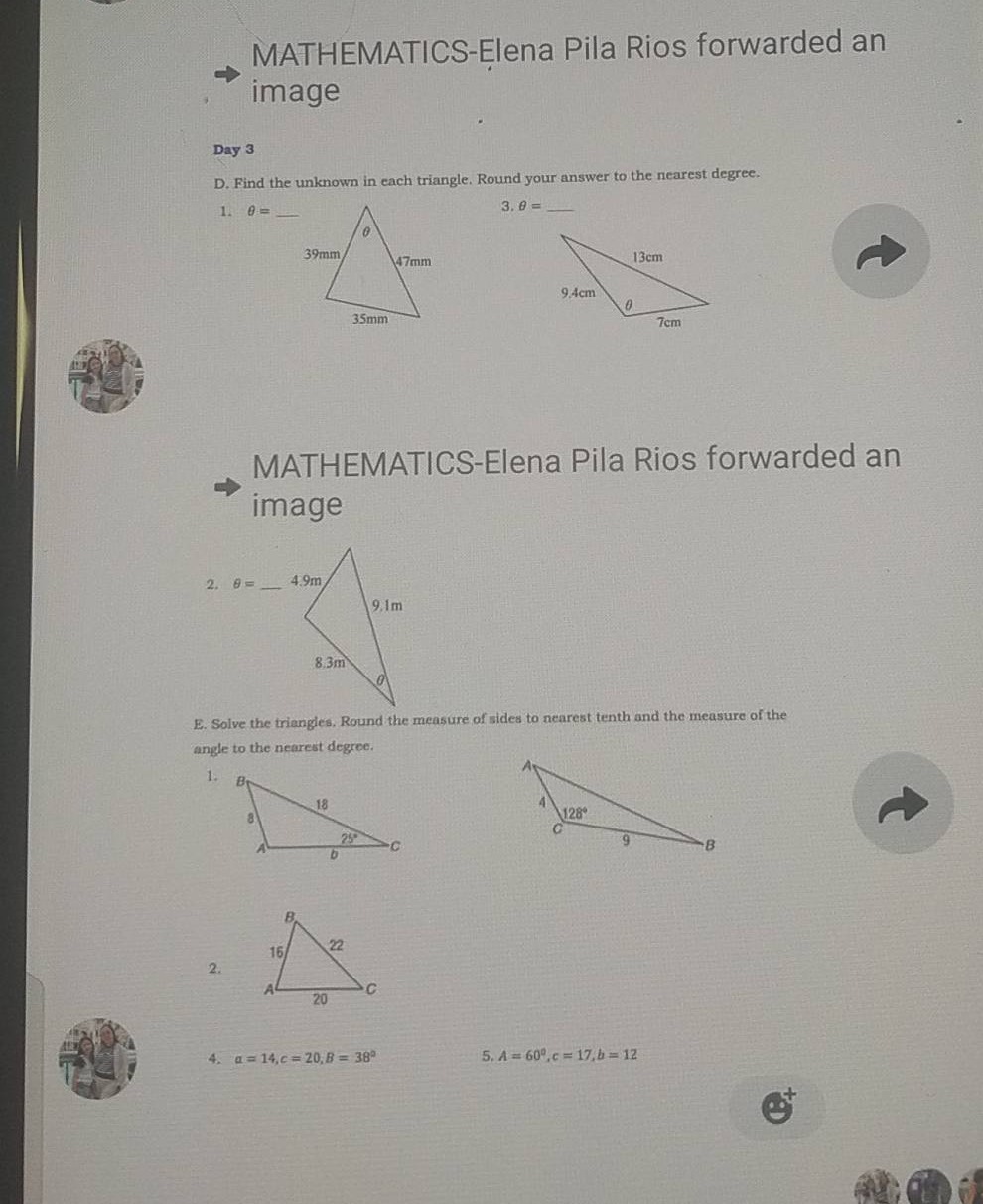 day 3 d. find the unknown in each triangle. round your answer to the ne…