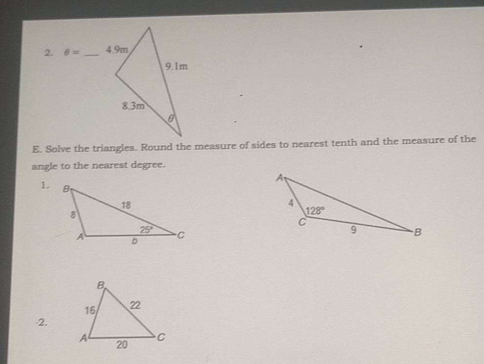 2. \\(\\theta = \\underline{\\quad}\\) e. solve the triangles. round th…