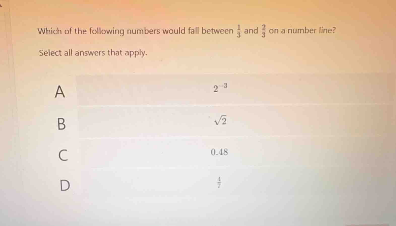 which of the following numbers would fall between \\(\\frac{1}{3}\\) an…