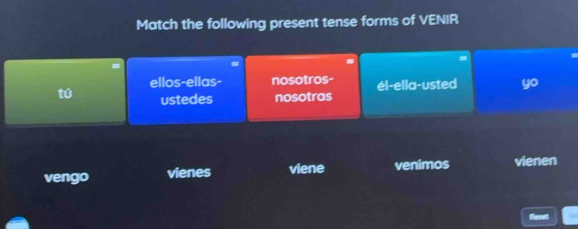 match the following present tense forms of venir tú ellos-ellas-ustedes…