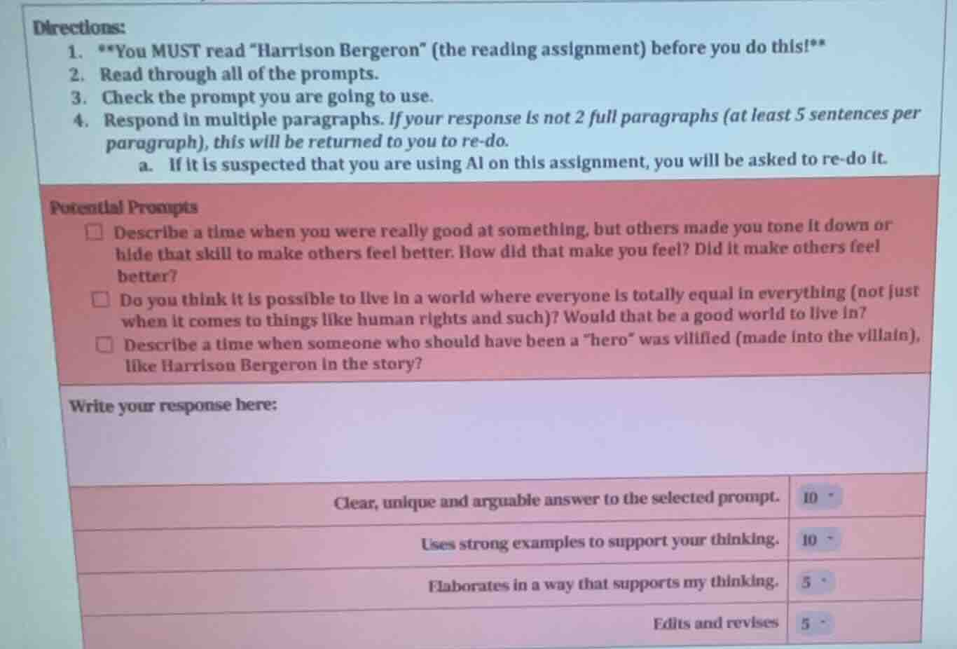 directions: 1. **you must read \harrison bergeron\ (the reading assignm…