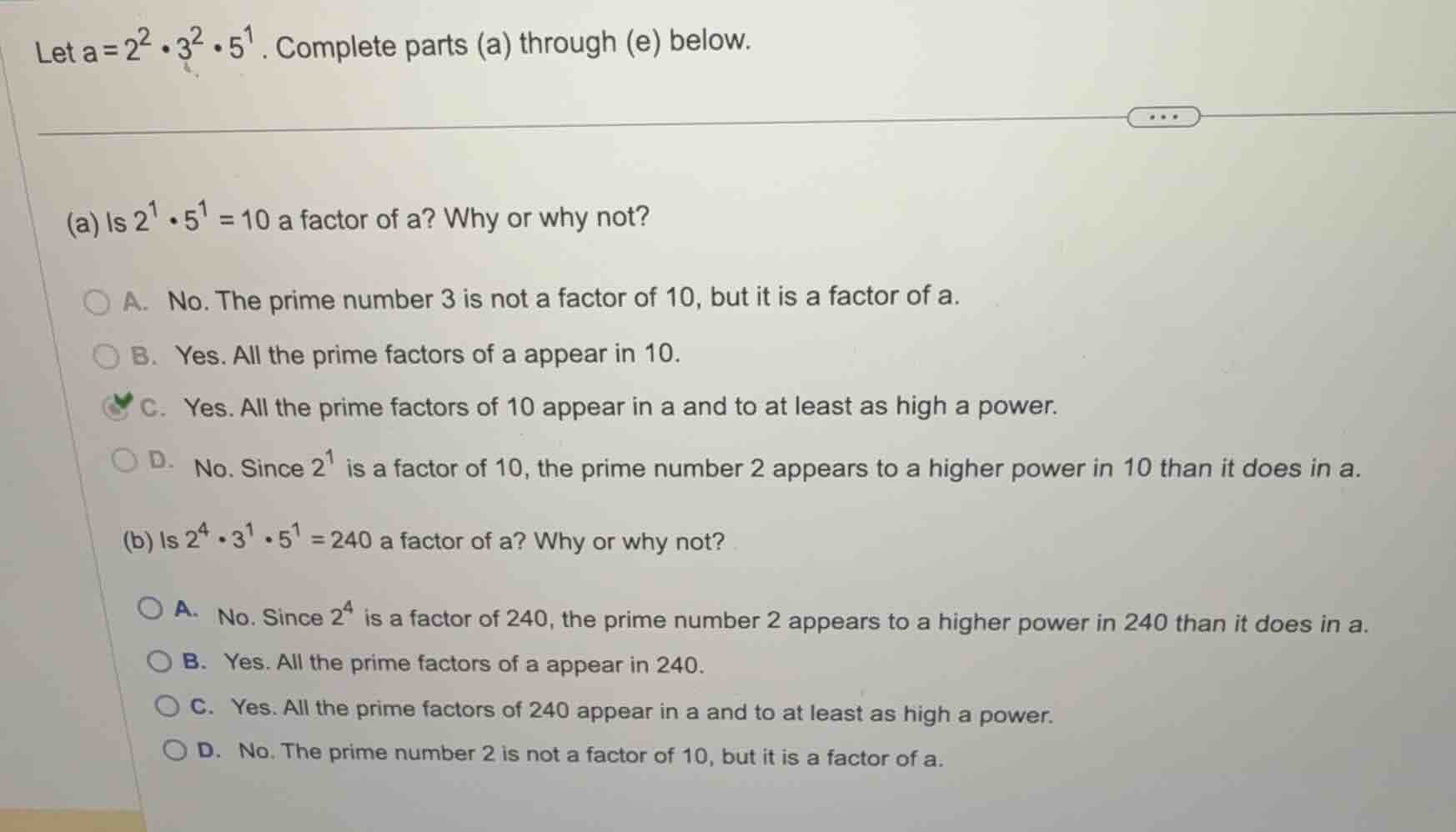 let \\(a = 2^2 \\cdot 3^2 \\cdot 5^1\\). complete parts (a) through (e)…