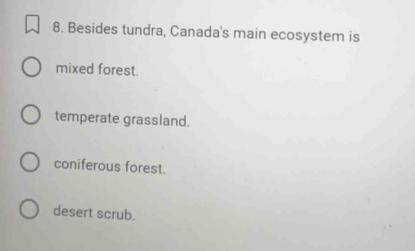 8. besides tundra, canadas main ecosystem is mixed forest. temperate gr…